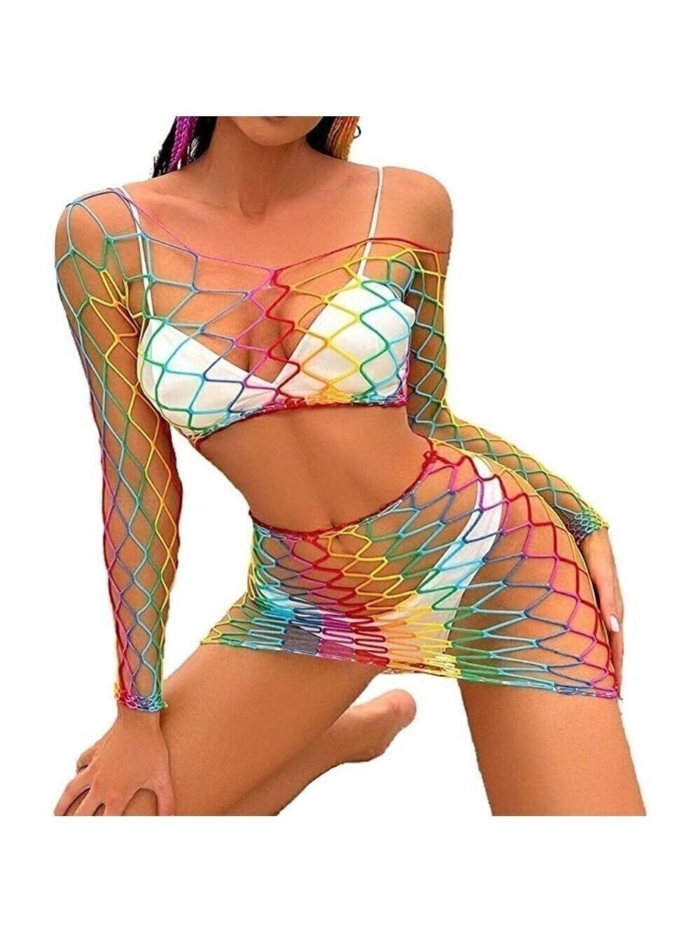 𝅺🌈 Rainbow Fishnet Stockings Mesh Lingerie Bodysuit BDSM Bondage Cosplay NWT